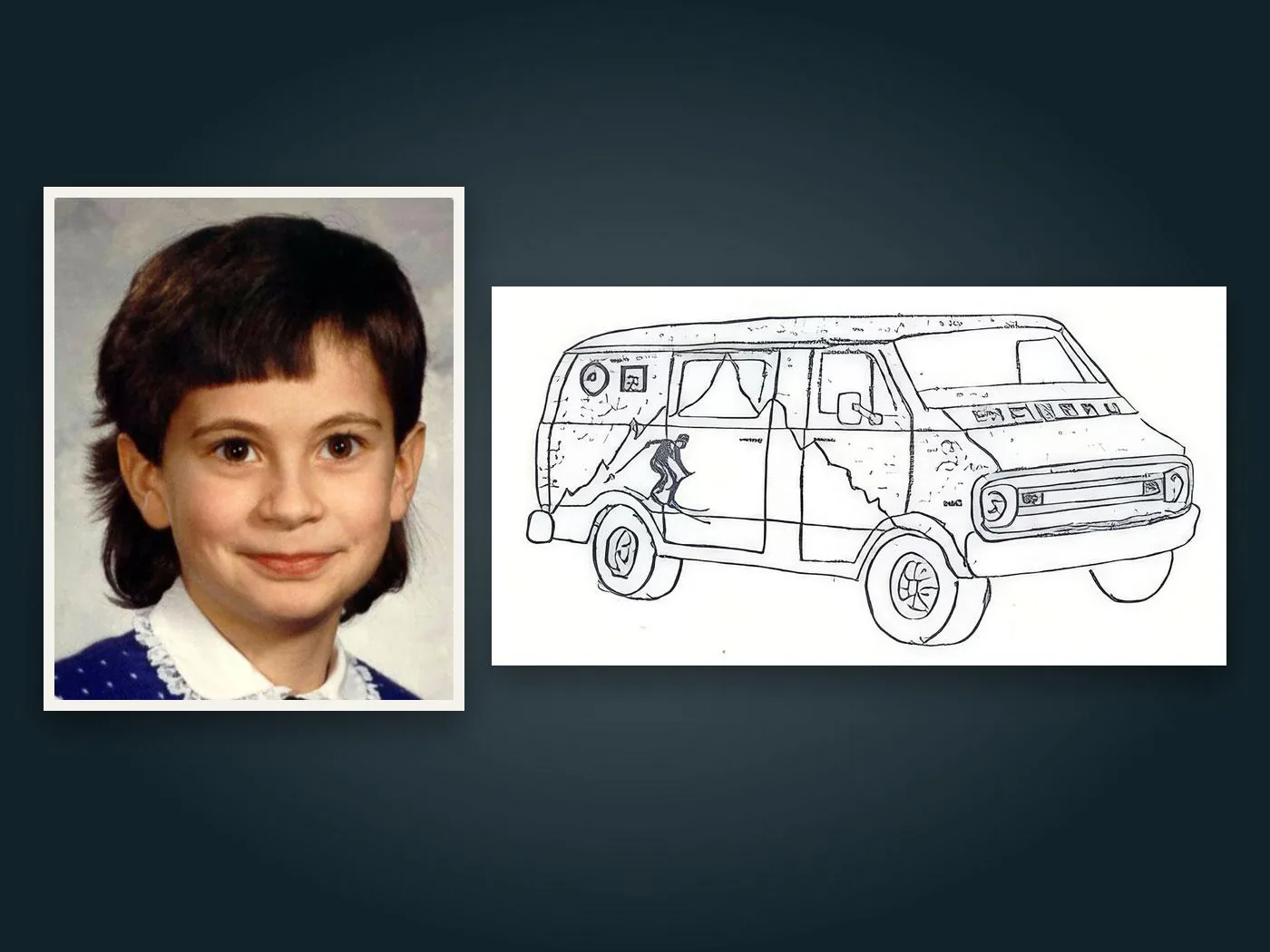 An age-progressed missing-person image of Cherrie Mahan and a sketch of a blue van with a skier mural