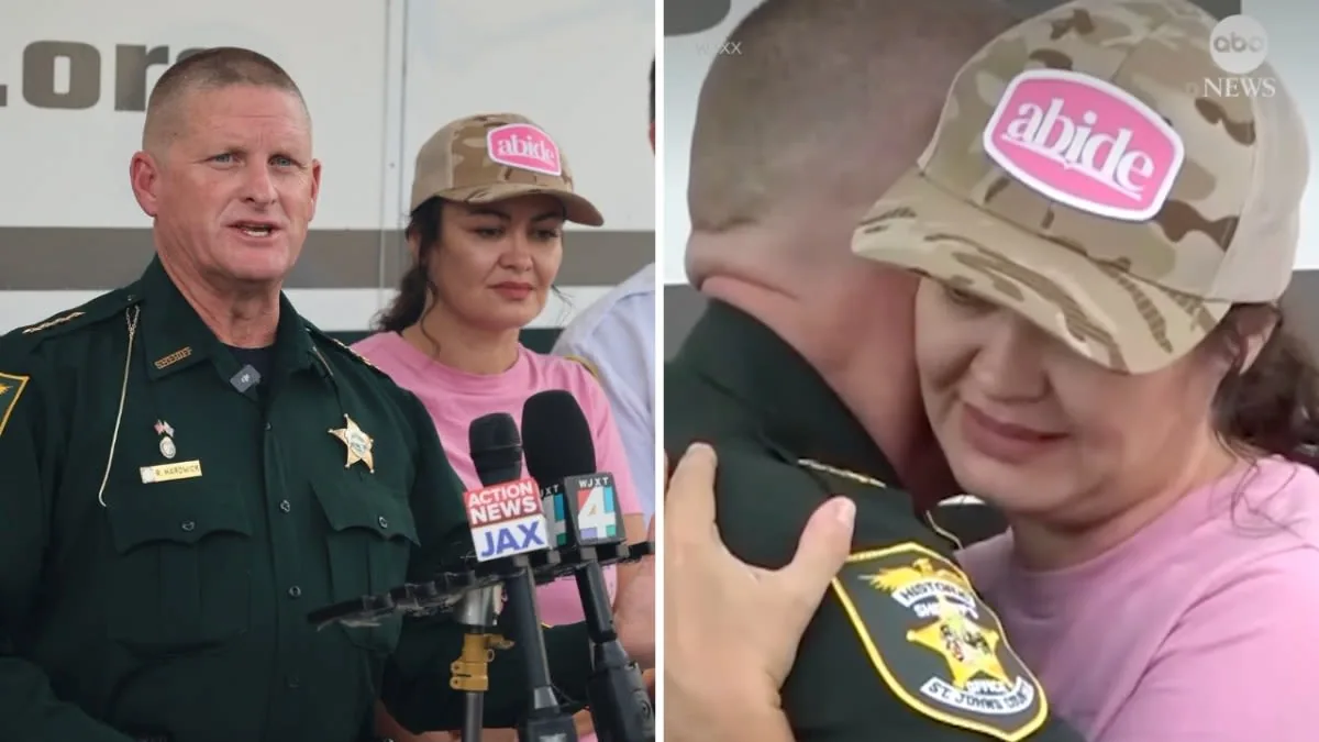A sheriff speaks beside a mother during a press conference about a missing Florida teenager