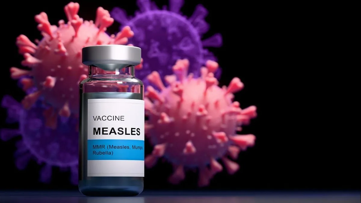 A public health alert about measles alongside a hospital setting in Pennsylvania